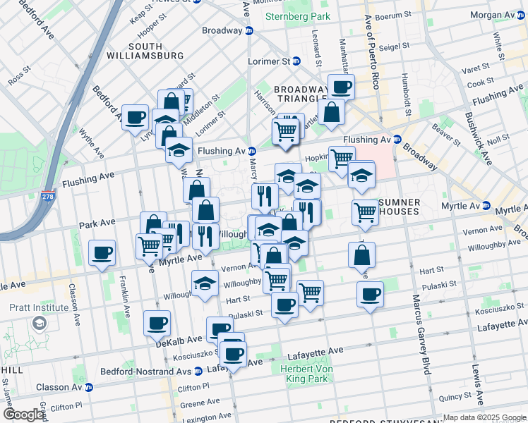 map of restaurants, bars, coffee shops, grocery stores, and more near 542 Marcy Avenue in Brooklyn