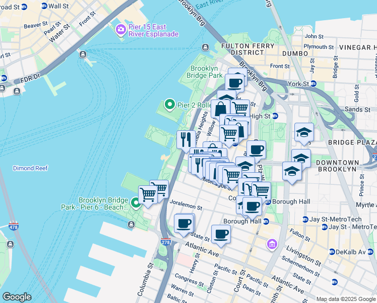 map of restaurants, bars, coffee shops, grocery stores, and more near 152 Willow Street in Brooklyn