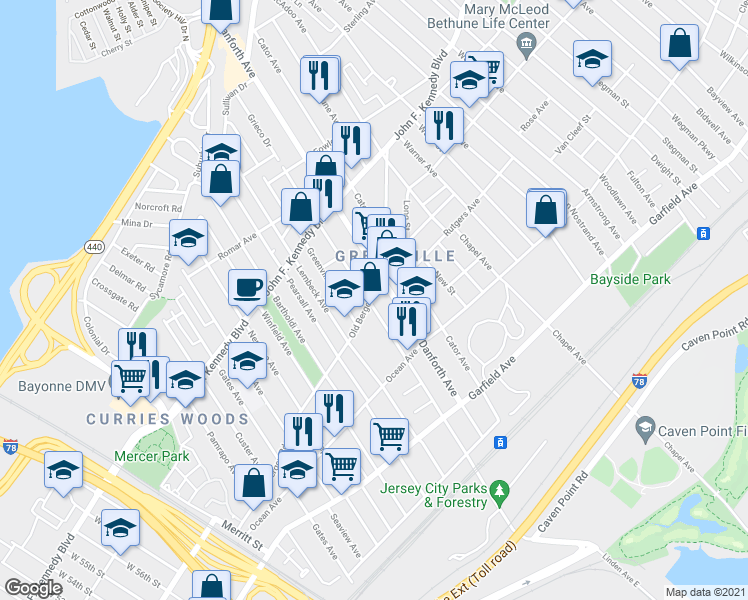 map of restaurants, bars, coffee shops, grocery stores, and more near 150 Linden Avenue in Jersey City