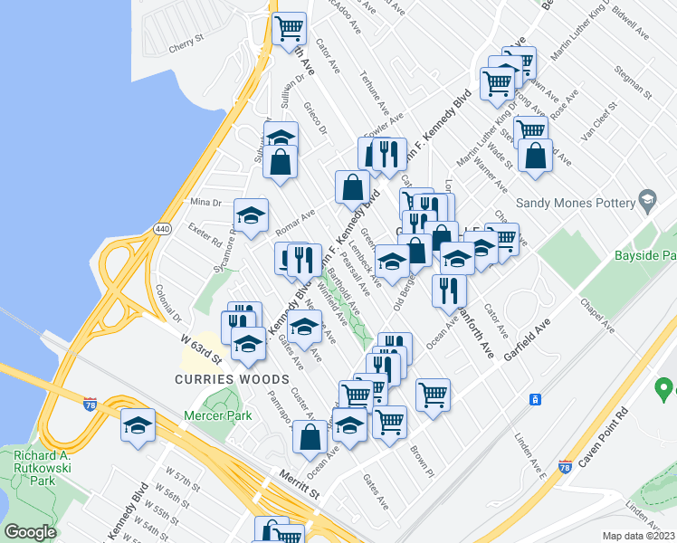 map of restaurants, bars, coffee shops, grocery stores, and more near 118 Bartholdi Avenue in Jersey City