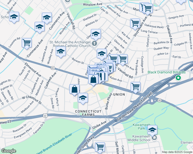 map of restaurants, bars, coffee shops, grocery stores, and more near in Union