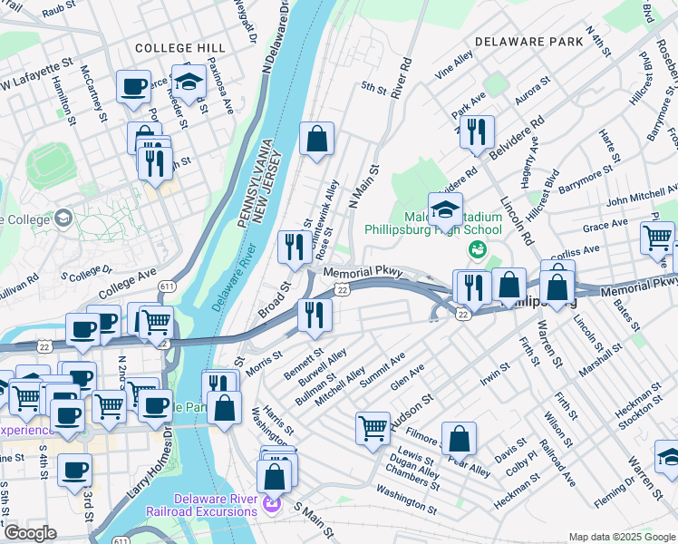 map of restaurants, bars, coffee shops, grocery stores, and more near 231 Shafer Avenue in Phillipsburg