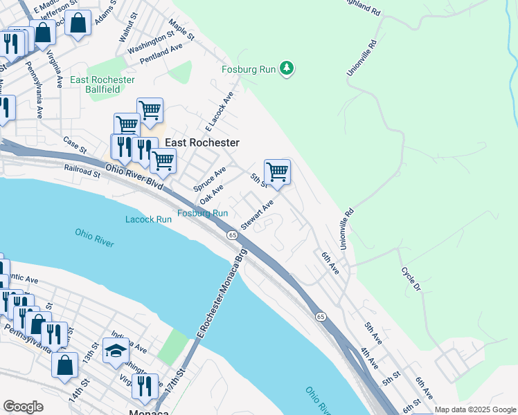map of restaurants, bars, coffee shops, grocery stores, and more near 156 Stewart Avenue in Rochester