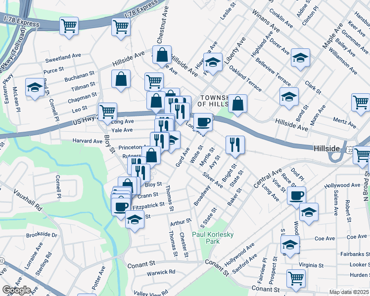 map of restaurants, bars, coffee shops, grocery stores, and more near 1280 Gurd Avenue in Hillside