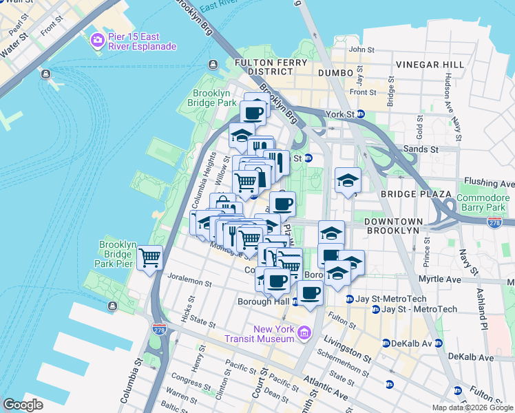 map of restaurants, bars, coffee shops, grocery stores, and more near 138 Henry Street in Brooklyn