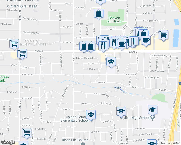 map of restaurants, bars, coffee shops, grocery stores, and more near 2803 East Evergreen Avenue in Salt Lake City