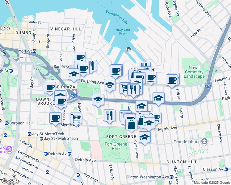 map of restaurants, bars, coffee shops, grocery stores, and more near 33 North Oxford Street in Brooklyn