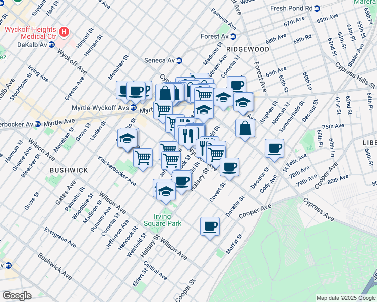 map of restaurants, bars, coffee shops, grocery stores, and more near in Queens