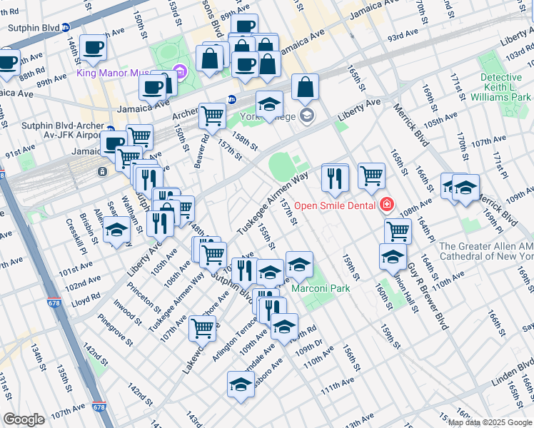 map of restaurants, bars, coffee shops, grocery stores, and more near 106-15 155th Street in Queens