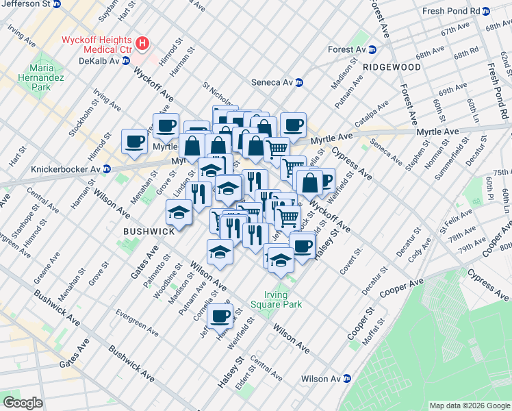 map of restaurants, bars, coffee shops, grocery stores, and more near 1428 Putnam Avenue in Brooklyn