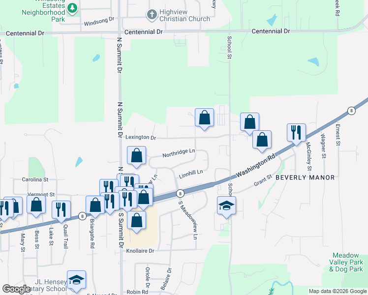 map of restaurants, bars, coffee shops, grocery stores, and more near 2231 Northridge Ln in Washington