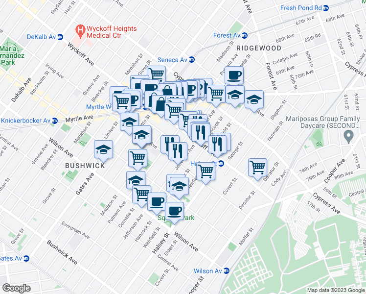 map of restaurants, bars, coffee shops, grocery stores, and more near 396 Cornelia Street in Brooklyn