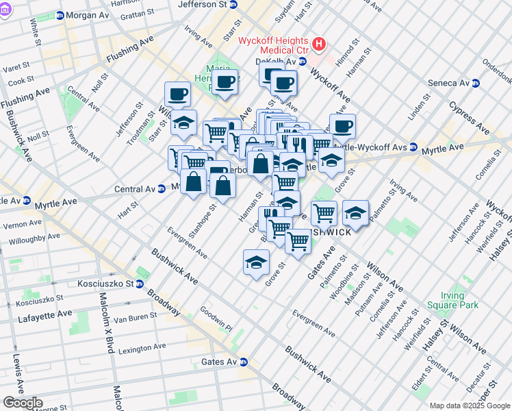 map of restaurants, bars, coffee shops, grocery stores, and more near 160 Harman Street in Brooklyn