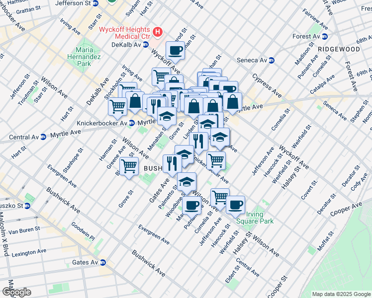 map of restaurants, bars, coffee shops, grocery stores, and more near 557 Knickerbocker Avenue in Brooklyn