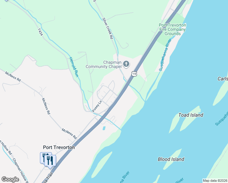 map of restaurants, bars, coffee shops, grocery stores, and more near 2568 Main Street in Port Trevorton