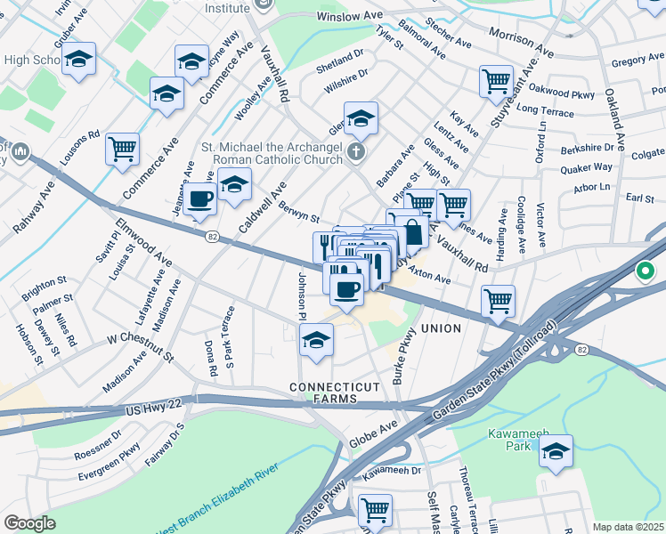 map of restaurants, bars, coffee shops, grocery stores, and more near 975 Bonnel Court in Union