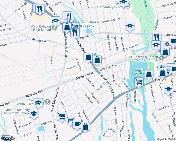 map of restaurants, bars, coffee shops, grocery stores, and more near 27 Robert Street in Babylon
