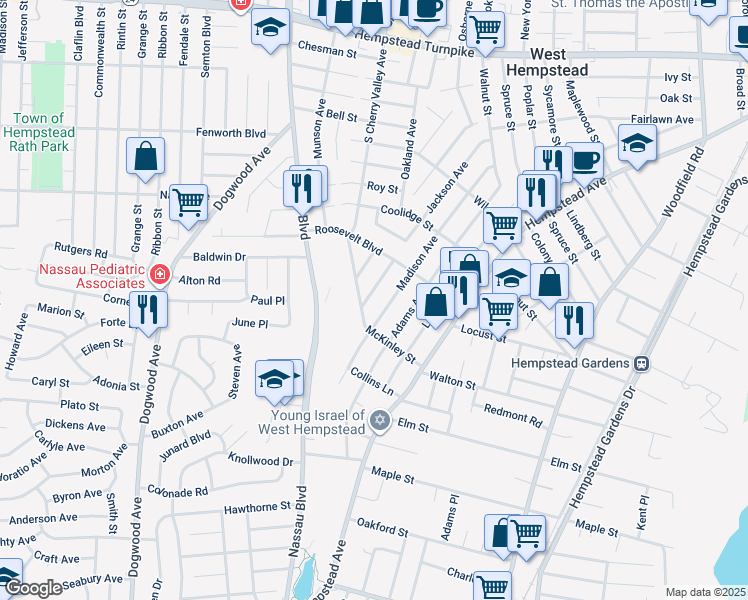 map of restaurants, bars, coffee shops, grocery stores, and more near 536 Madison Avenue in West Hempstead