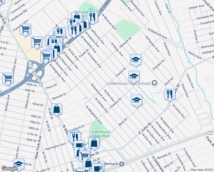 map of restaurants, bars, coffee shops, grocery stores, and more near 499 North Fulton Avenue in Lindenhurst