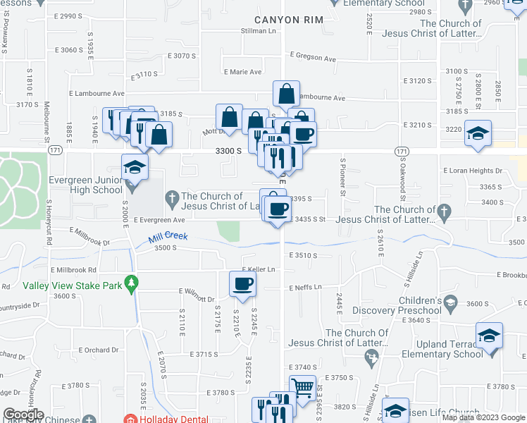 map of restaurants, bars, coffee shops, grocery stores, and more near 3417 Spruce View Lane in Salt Lake City