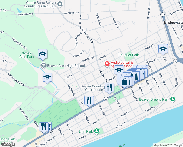 map of restaurants, bars, coffee shops, grocery stores, and more near 480 Dravo Avenue in Beaver