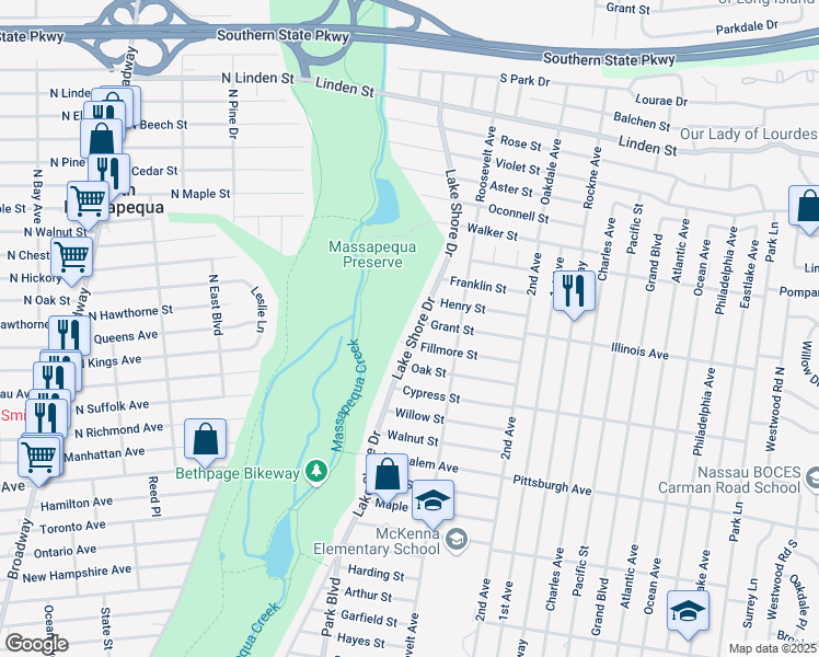 map of restaurants, bars, coffee shops, grocery stores, and more near 100 Fillmore Street in Massapequa Park