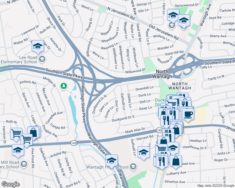 map of restaurants, bars, coffee shops, grocery stores, and more near 24 Daffodil Lane in Wantagh