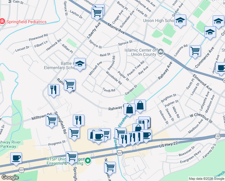 map of restaurants, bars, coffee shops, grocery stores, and more near 720 Garden Street in Union