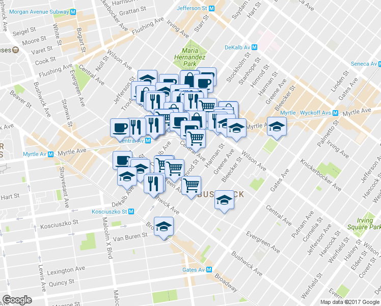 map of restaurants, bars, coffee shops, grocery stores, and more near 80 Stanhope Street in Brooklyn