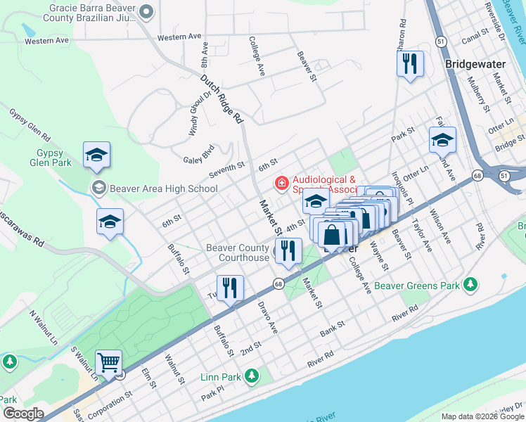 map of restaurants, bars, coffee shops, grocery stores, and more near 865 Canal Street in Beaver
