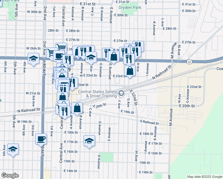 map of restaurants, bars, coffee shops, grocery stores, and more near 449-499 East Railroad Street in Kearney