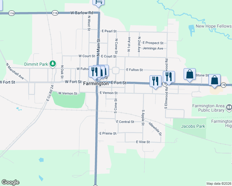 map of restaurants, bars, coffee shops, grocery stores, and more near 101 South Cone Street in Farmington