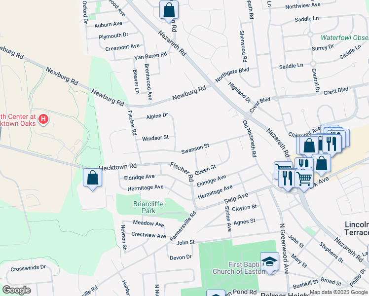 map of restaurants, bars, coffee shops, grocery stores, and more near 2901 Swanson Street in Easton