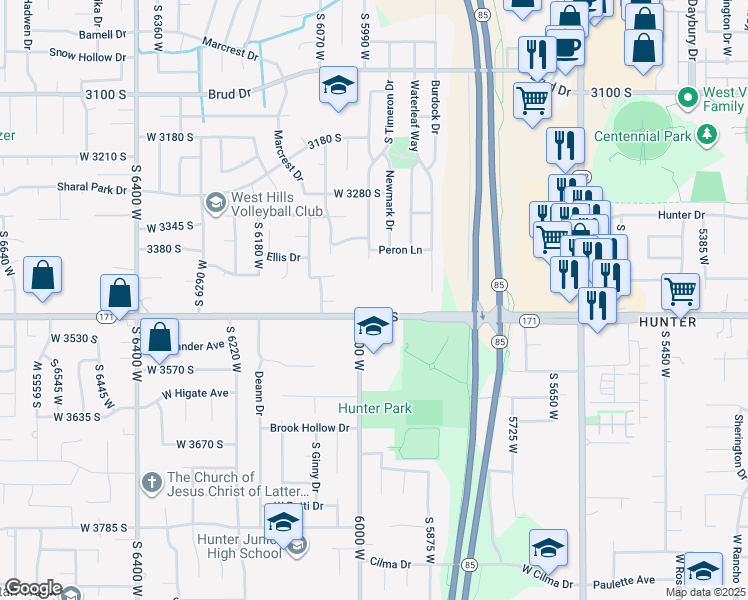 map of restaurants, bars, coffee shops, grocery stores, and more near 5974 3500 South in West Valley City