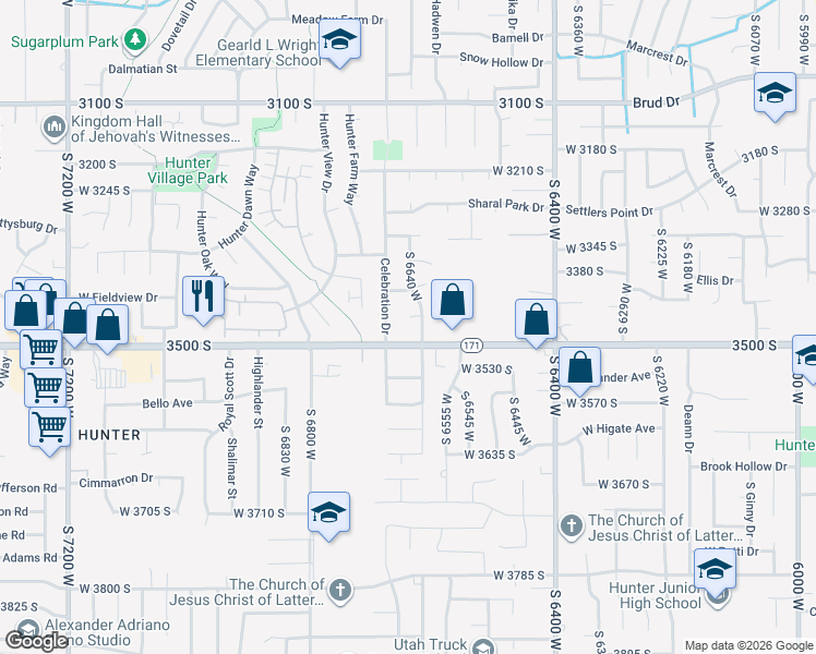 map of restaurants, bars, coffee shops, grocery stores, and more near 6639 Ovation Court in West Valley City