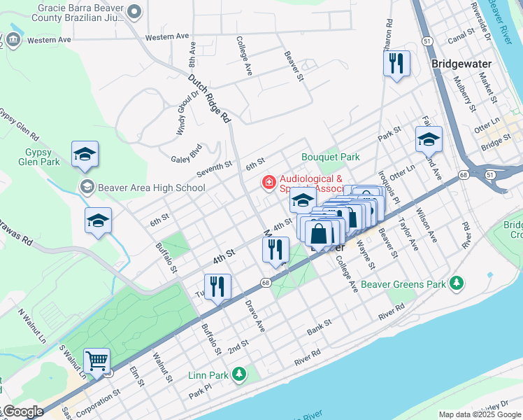 map of restaurants, bars, coffee shops, grocery stores, and more near 424 Market Street in Beaver