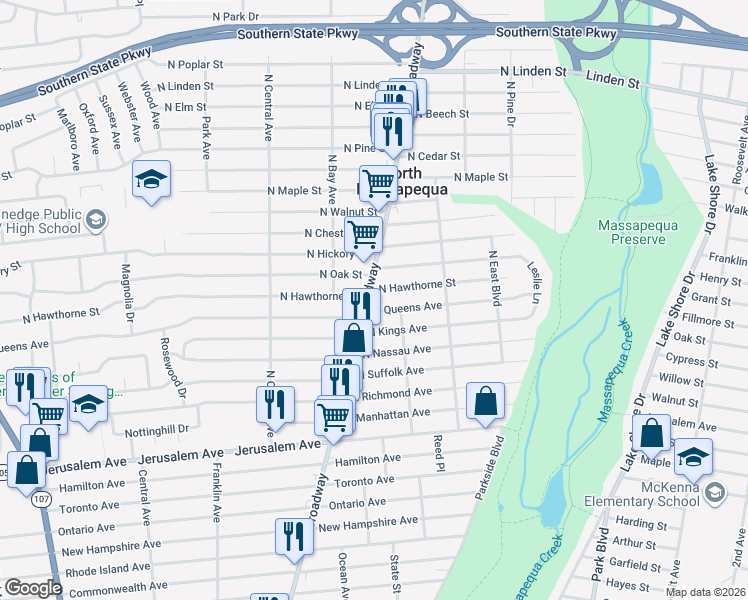 map of restaurants, bars, coffee shops, grocery stores, and more near 188 North Queens Avenue in Massapequa