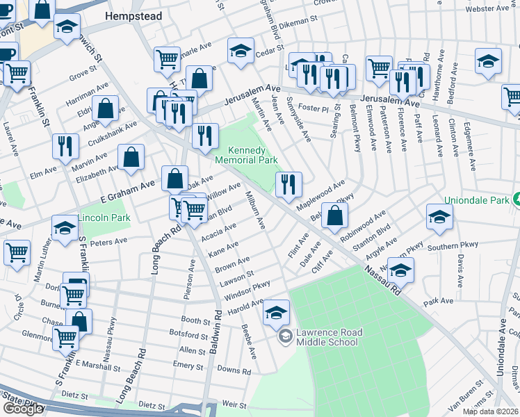 map of restaurants, bars, coffee shops, grocery stores, and more near 72 Milburn Avenue in Hempstead