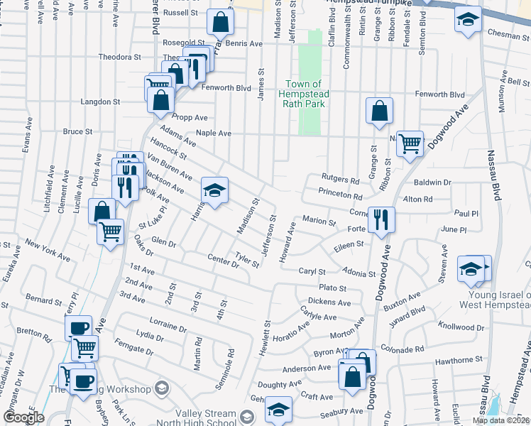 map of restaurants, bars, coffee shops, grocery stores, and more near 833 Van Buren Avenue in Franklin Square