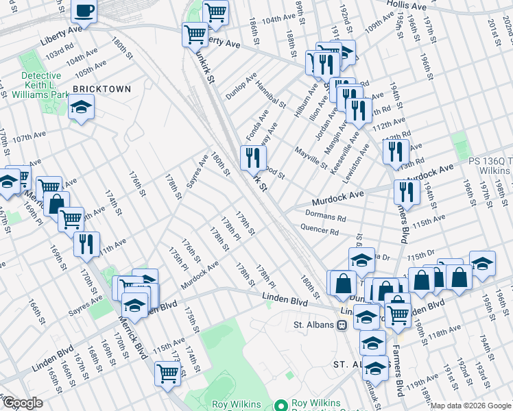 map of restaurants, bars, coffee shops, grocery stores, and more near 112-31 179th Street in Queens