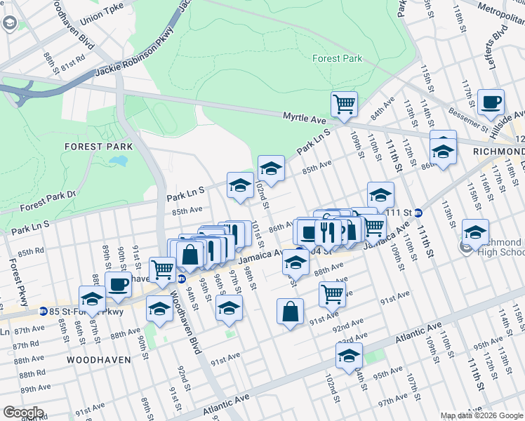 map of restaurants, bars, coffee shops, grocery stores, and more near 85-60 102nd Street in Queens