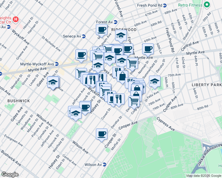 map of restaurants, bars, coffee shops, grocery stores, and more near 1639 Stephen Street in Queens