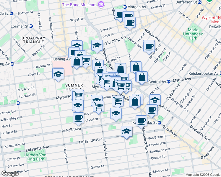 map of restaurants, bars, coffee shops, grocery stores, and more near 1100 Myrtle Avenue in Brooklyn