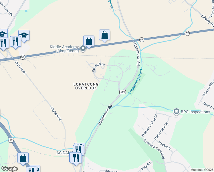 map of restaurants, bars, coffee shops, grocery stores, and more near 1262 Fairview Circle in Stewartsville