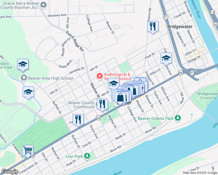 map of restaurants, bars, coffee shops, grocery stores, and more near 375 College Avenue in Beaver
