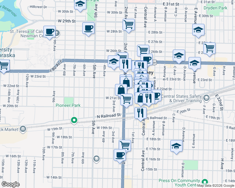 map of restaurants, bars, coffee shops, grocery stores, and more near 248-298 W 21st St in Kearney