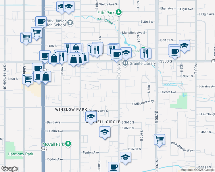map of restaurants, bars, coffee shops, grocery stores, and more near 415 East Scott Avenue in South Salt Lake