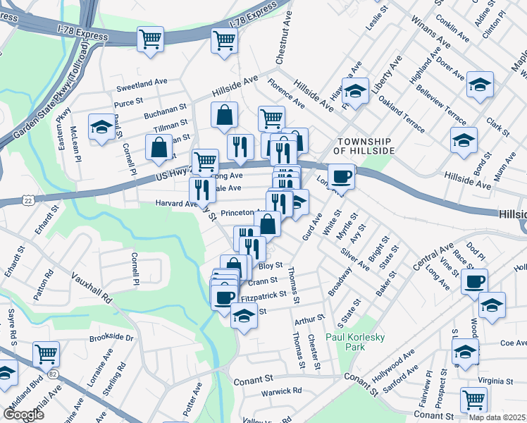 map of restaurants, bars, coffee shops, grocery stores, and more near 366 Rutgers Avenue in Hillside