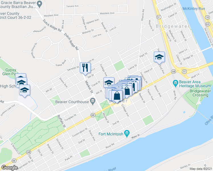 map of restaurants, bars, coffee shops, grocery stores, and more near 640 4th Street in Beaver