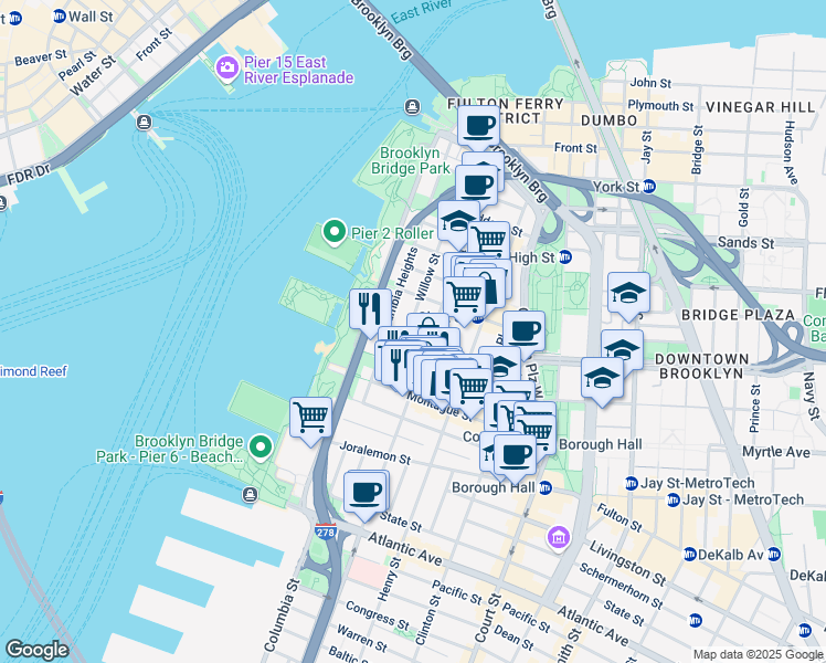 map of restaurants, bars, coffee shops, grocery stores, and more near 135 Willow Street in Brooklyn